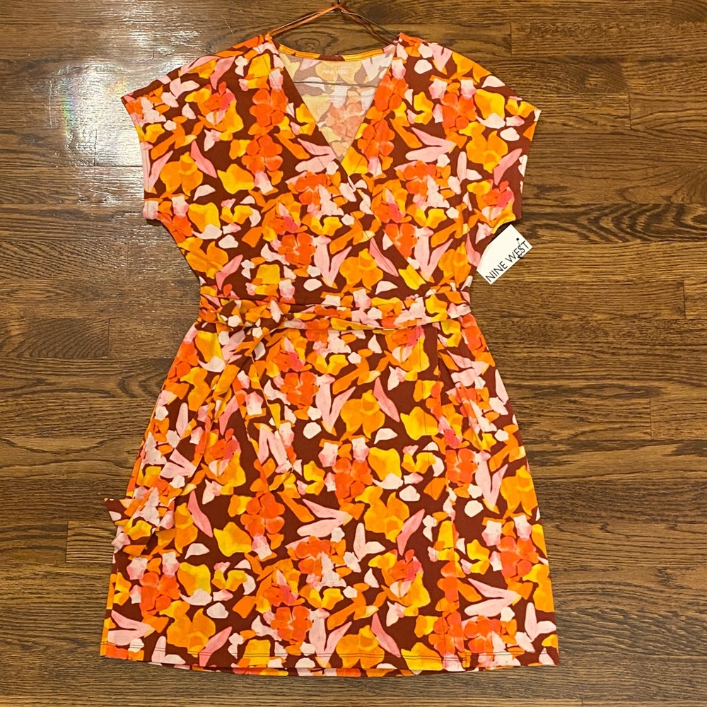 NWT Nine West faux wrap Dress SZ Large Orange/Yellow/Rust